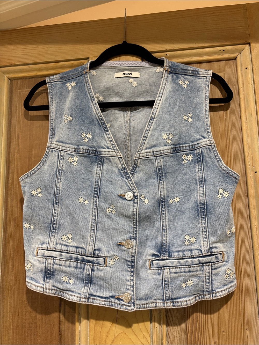 Mavi Denim Vest With Embroidered Flowers Size Large